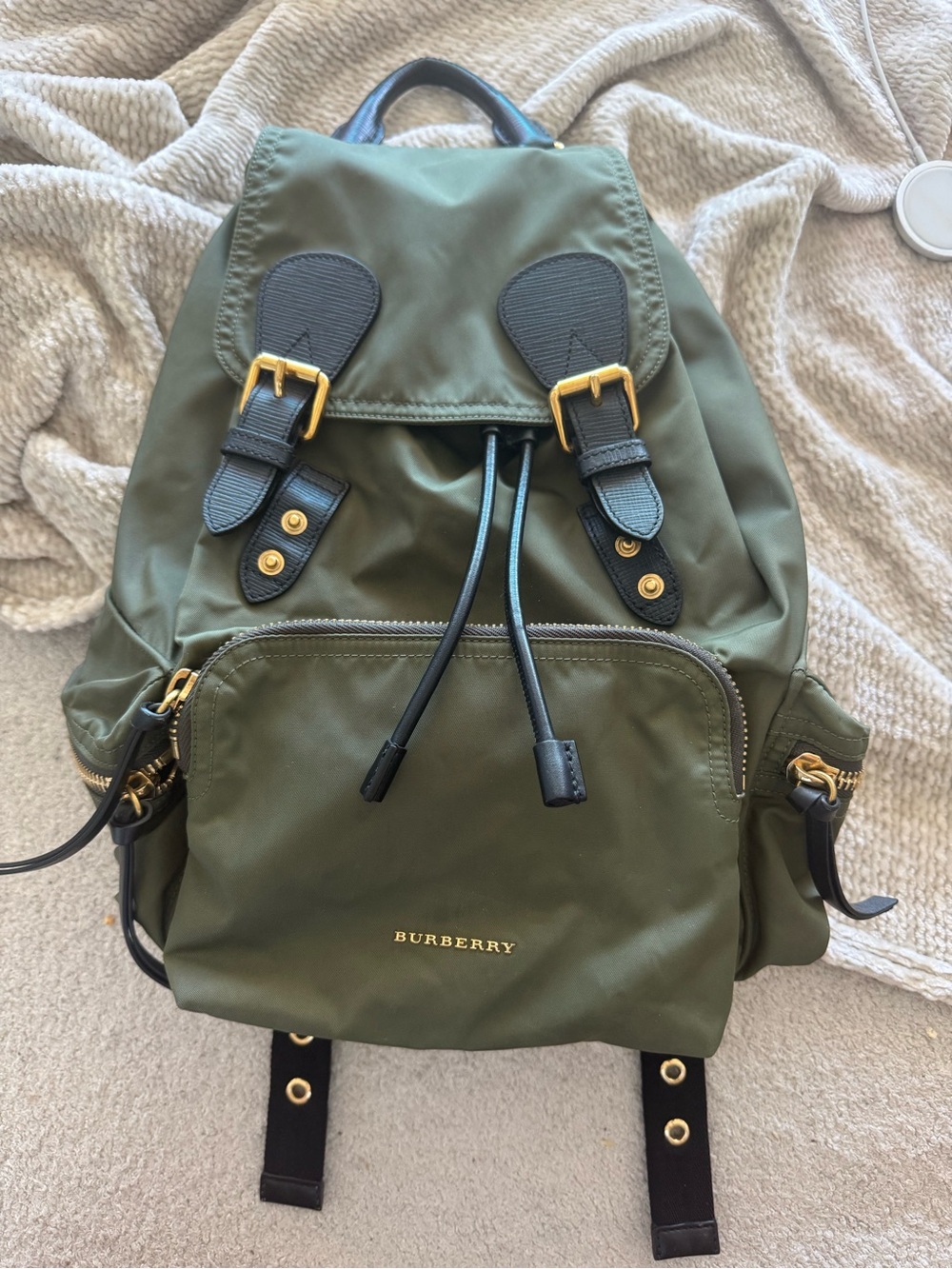 Burberry Olive Green Nylon Backpack with Black Trim and Gold Hardware